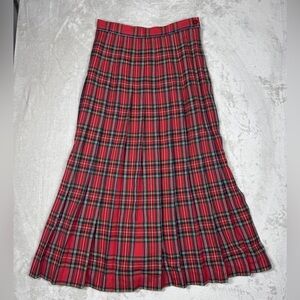 Vintage Amanda Fielding 100% Wool Plaid Pleated Midi Red Green Holiday Skirt 6